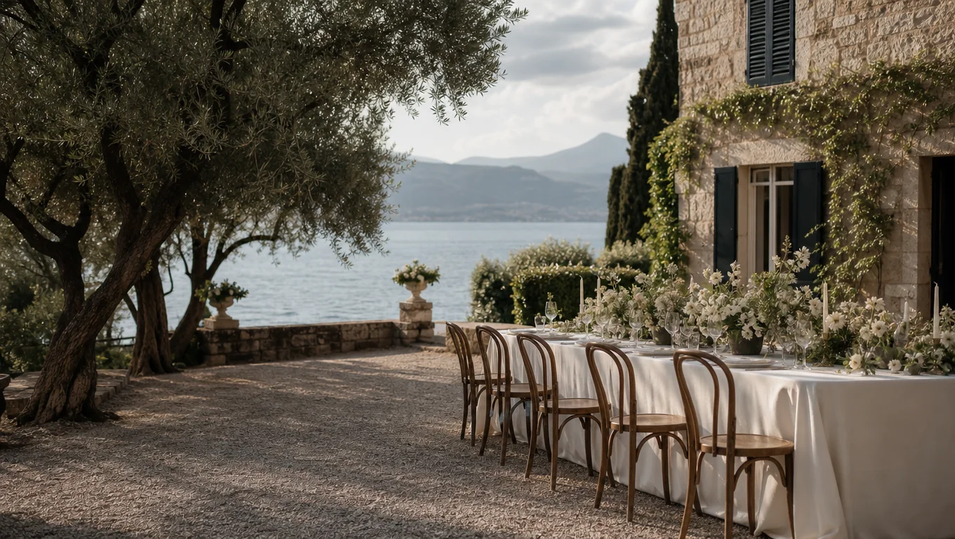 An intimate wedding table with white flowers overlooking a quiet lake